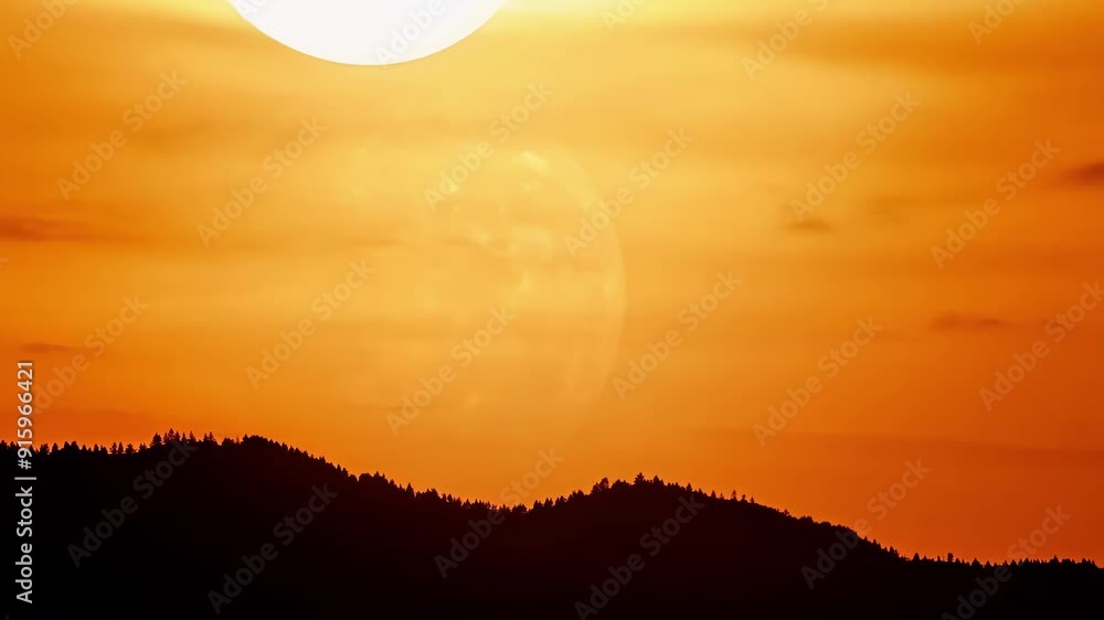 Poster Using a telephoto lens the suns fiery orb is shown in sharp detail seemingly hovering just above the distant mountain range.