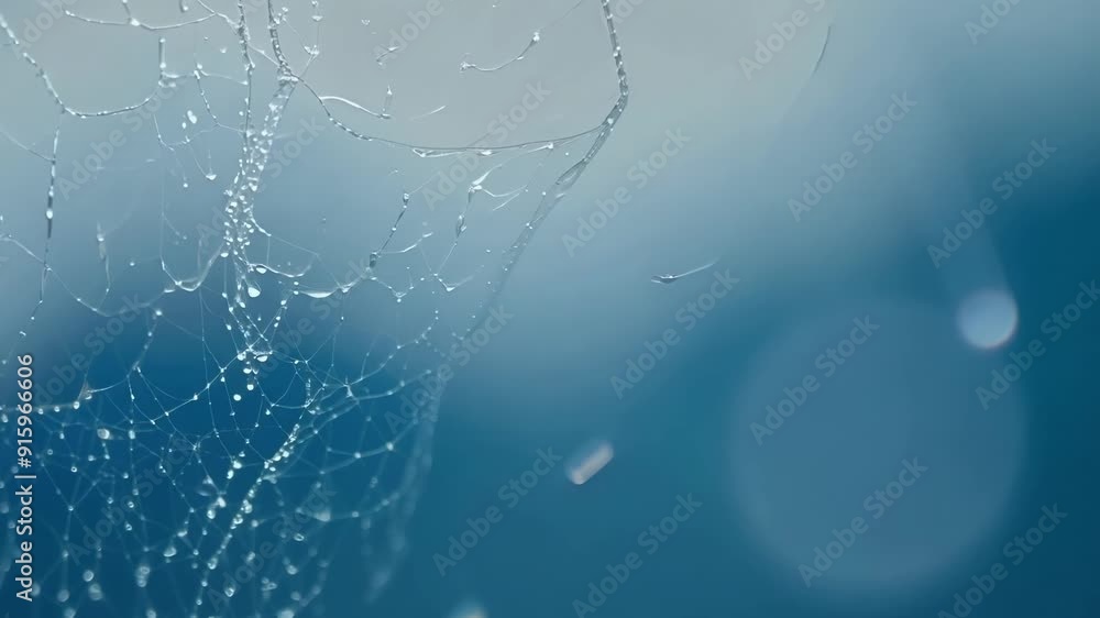 Poster slow motion footage of water droplets gracefully sliding down a spider web leaving a sparkling trail