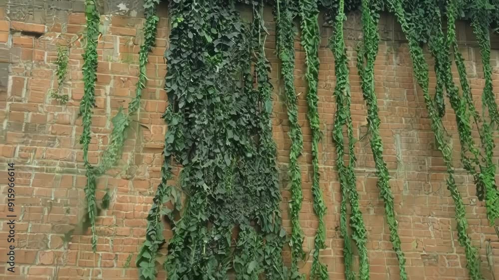 Poster the camera zooms in on a thick dark green vine snaking its way up the side of a brick building slowl