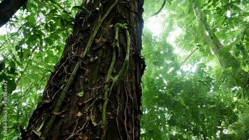 Aufkleber In the midst of a forest the camera captures a slowmotion shot of a vine leisurely climbing up the trunk of a towering tree intertwining with other vines along the way.