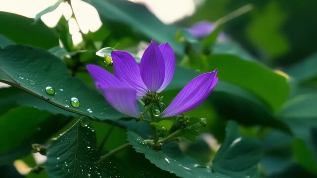 A closeup of a creeping vine reveals tiny vibrant purple flowers blooming ast the deep green foliage adding a touch of color to the natural habitat.