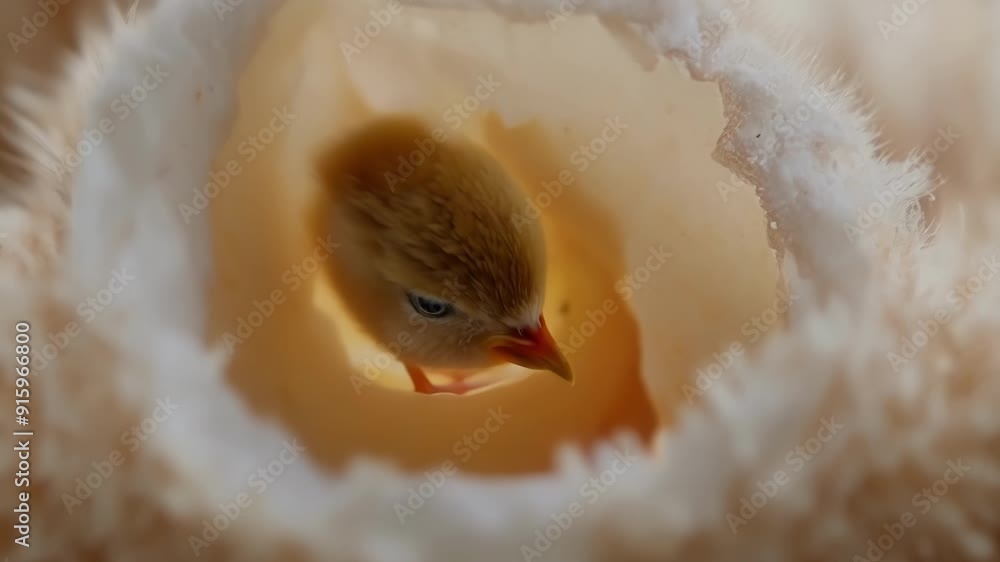 Aufkleber The camera focuses on a small egg nestled in a bed of feathers as a small hole starts to appear on one end. With each peck and push a small chick emerges its bright eyes taking in