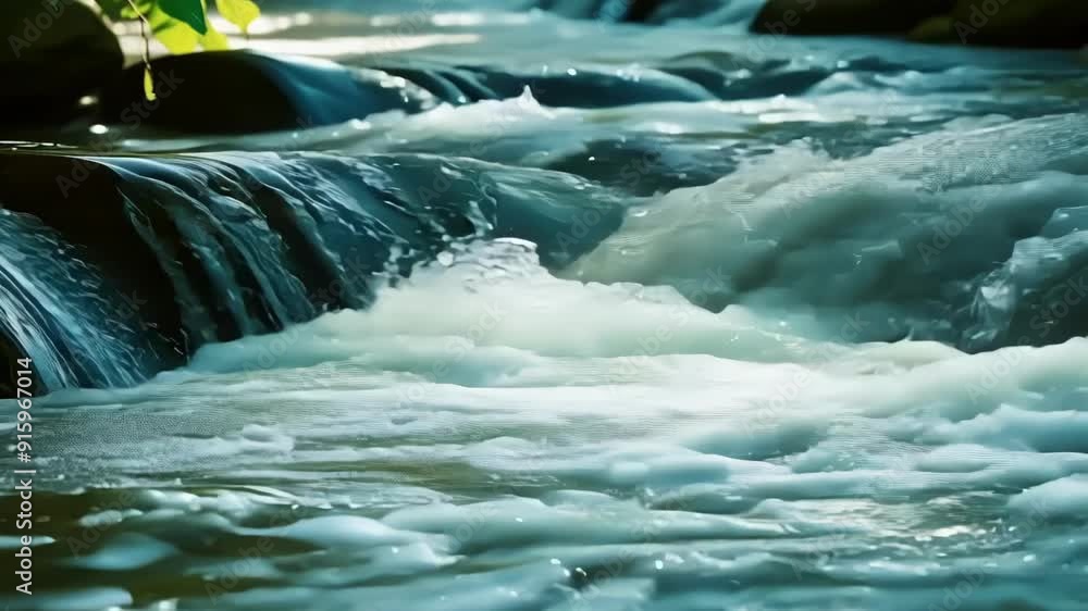Aufkleber A closeup of a small waterfall forming in the stream the force of the water causing a temporary increase in the stream level.