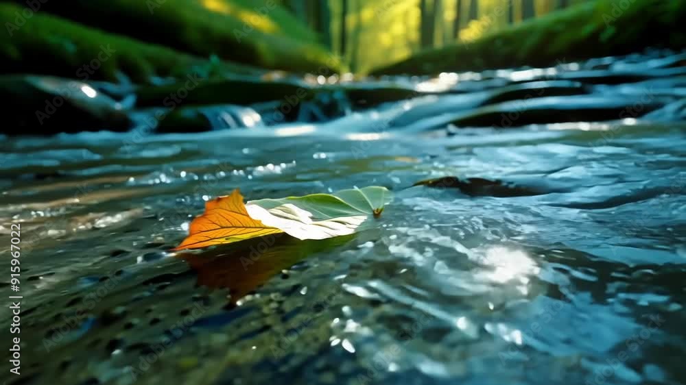 Poster The camera follows a leaf as it floats along the waters surface giving viewers a unique perspective of the constantly changing stream levels.
