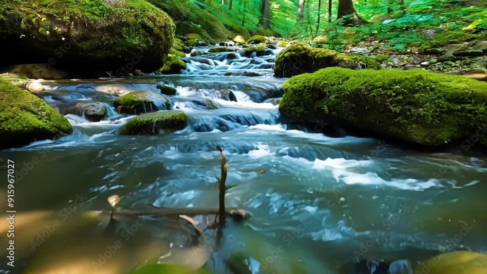 Poster a serene closeup of a stream gently meandering through a forest highlighting the peaceful and consta
