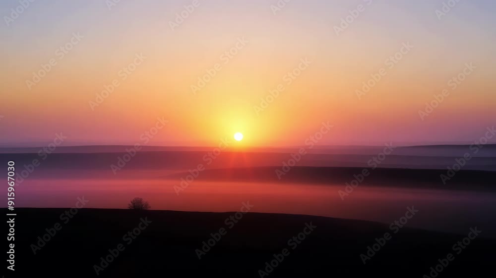 Aufkleber A closeup of the golden sun disappearing behind a layer of mist on the distant horizon creating a mesmerizing silhouette.