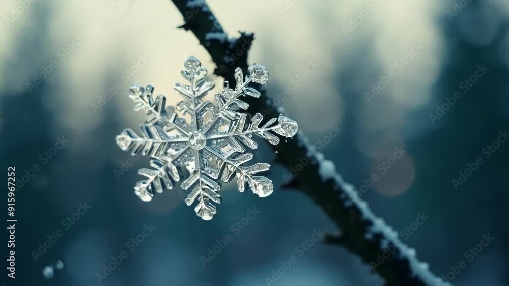Poster slow panning shot of a single snowflake melting on a tree branch showcasing the beauty of the natura
