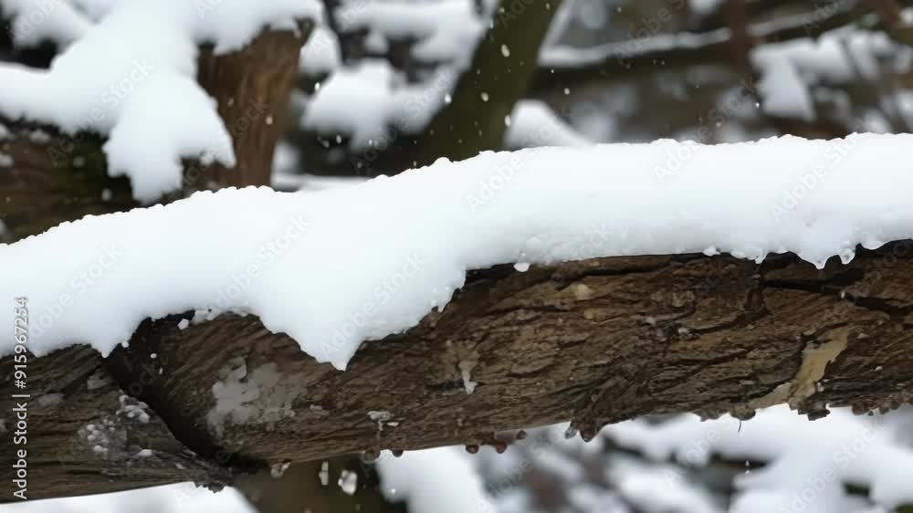 Poster tight shot of the contrast between the snowcovered branches and the patches of bark as the snow slow