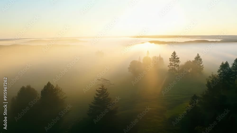 Poster The suns rays breaking through the fog creating a dreamy and ethereal atmosphere as it continues to lift.