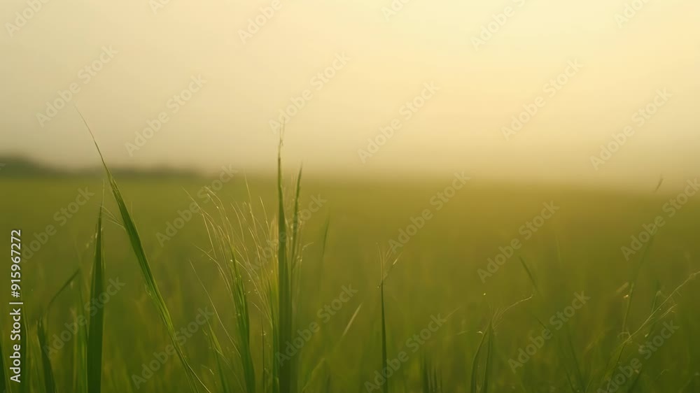 Poster blades of grass peeking out through the gradually thinning fog signaling the start of a new day.