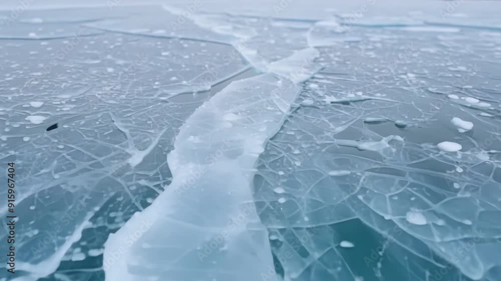 Poster the camera zooms in on a crack forming in the smooth glasslike surface of the ice as it slowly split