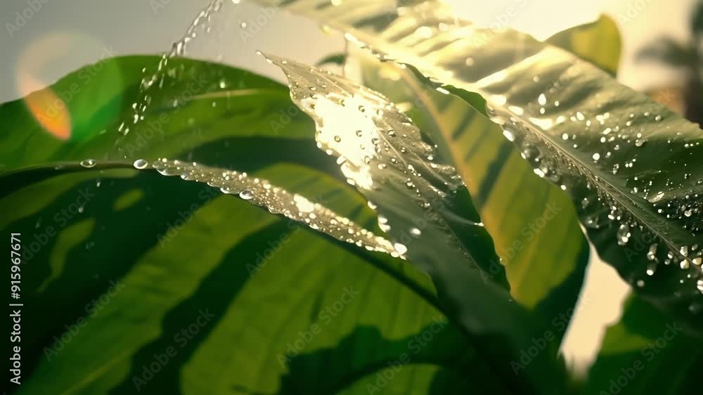 Poster the leaves of a banana tree catching the sunlight creating a shimmering effect as the light hits the