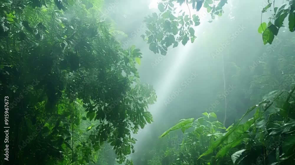 Poster A faint misty light filtering through layers of leaves and vines creating an ethereal ambiance within the rainforest.