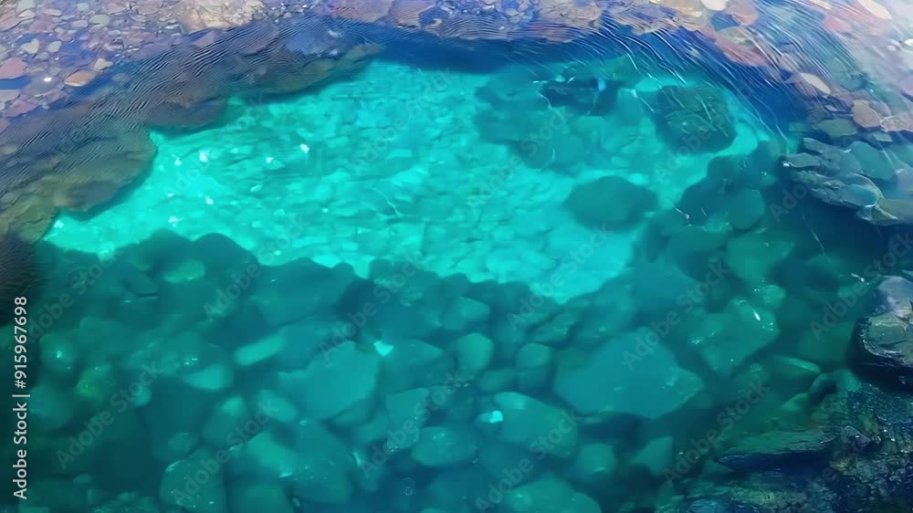 Poster a mesmerizing shot of the water in a rock pool changing color from a deep blue to a bright turquoise