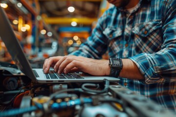 Auto diagnostics - mechanical technician employing laptop for car maintenance programming, integration of computer technology in vehicle service, emphasizing accuracy and modern repair methods