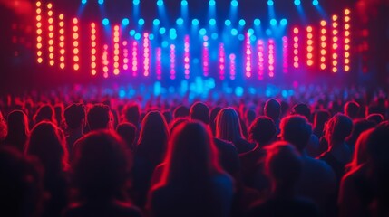 Vibrant concert scene with a crowd enjoying music under red and blue stage lights. Perfect for event promotion and nightlife visuals.