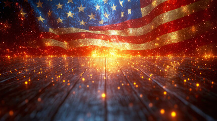 Glowing American flag with stars on a wooden floor. Ideal for patriotic designs and celebratory themes