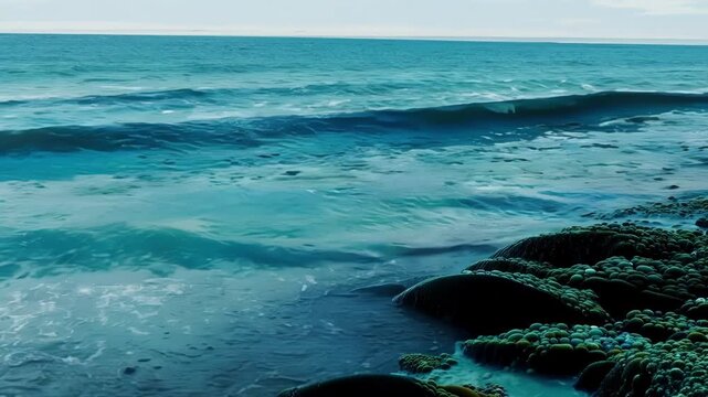 A splitscreen shot of a rock pool during high tide and low tide highlighting the stark difference in water depth and the various life forms that thrive in each.