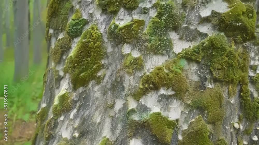 Poster A timelapse sequence showing lichens steadily multiplying and growing thicker on the surface of a tree trunk forming a unique and beautiful mosaic pattern.