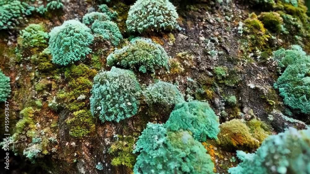Poster A detailed view of lichens expanding on a tree branch their vibrant colors and unique textures creating an otherworldly landscape.