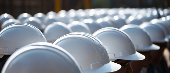 Close-up of rows of white construction helmets, symbolizing safety and teamwork. Ideal for construction and safety themes.