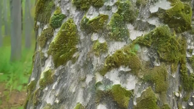 A timelapse sequence showing lichens steadily multiplying and growing thicker on the surface of a tree trunk forming a unique and beautiful mosaic pattern.