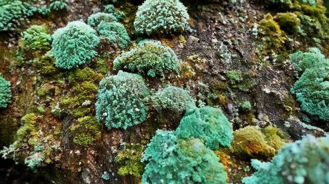 A detailed view of lichens expanding on a tree branch their vibrant colors and unique textures creating an otherworldly landscape.