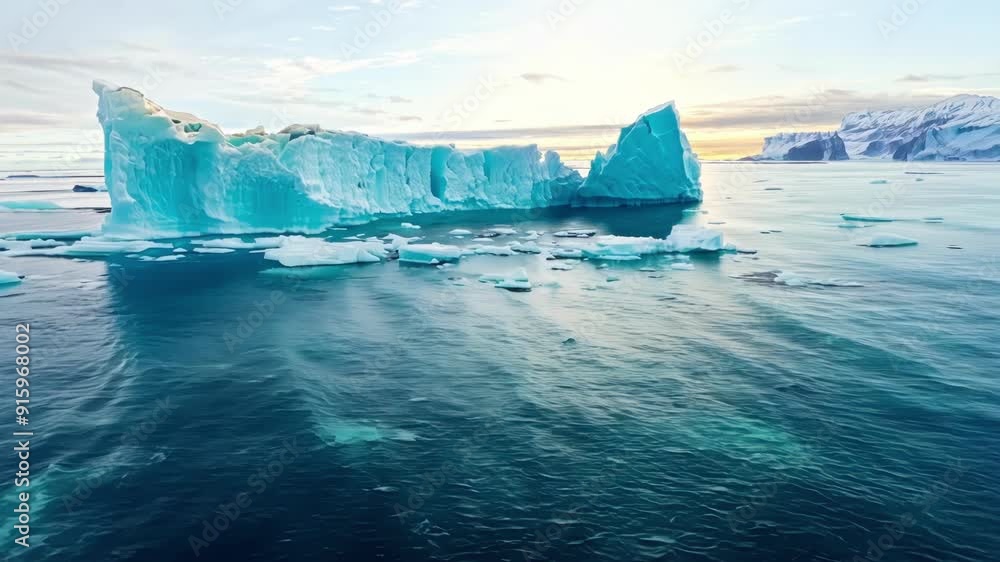 Aufkleber A timelapse video showing a massive iceberg slowly shrinking in size as it melts away into the surrounding ocean over the course of several days.