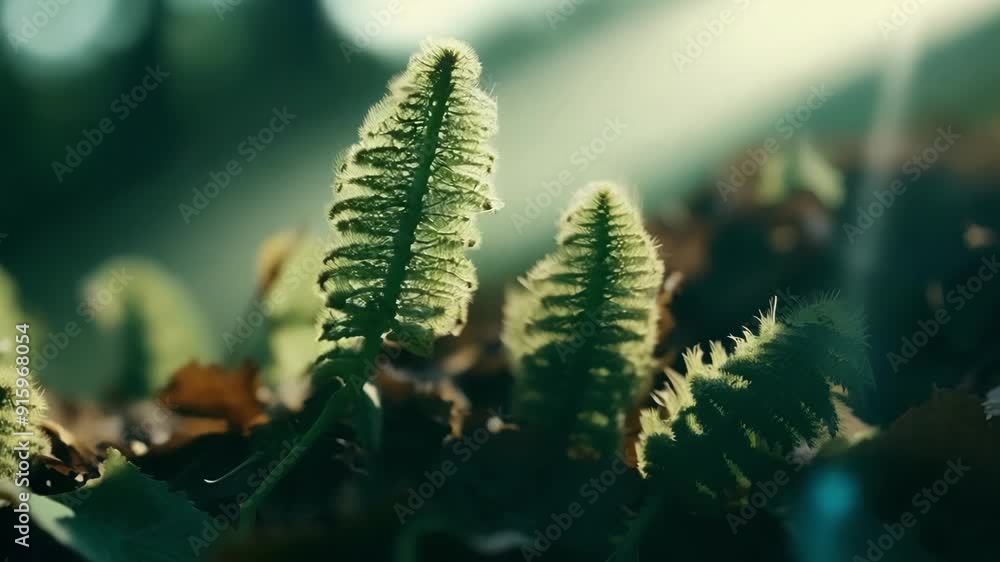 Poster Tiny delicate fern fiddleheads peek out from beneath a layer of decaying leaves slowly unraveling to reveal their lacy green fronds as they adapt to the low light conditions.