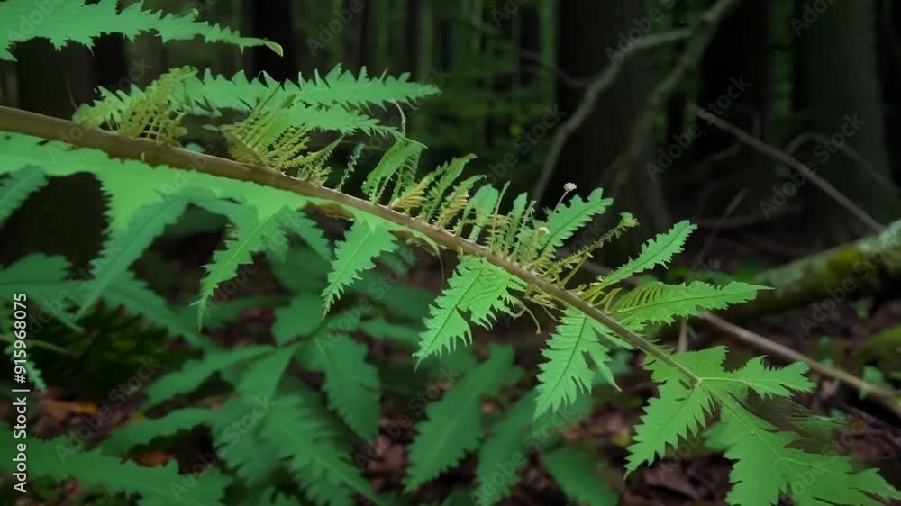 Poster Despite the lack of sunlight a fern thrives in the dark using its elongated sporebearing structures to and continue its growth in the shaded forest environment.