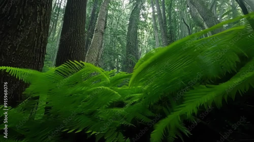 Poster against a backdrop of towering trees a carpet of ferns spreads out in the understory their varying s