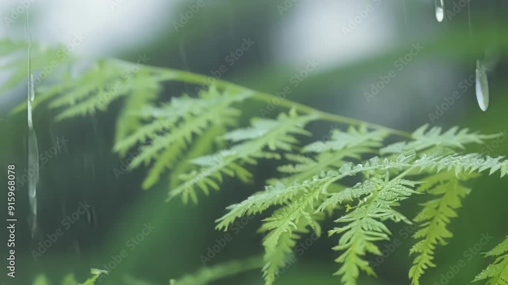 Poster as a gentle rain falls droplets cling to the surface of a growing fern magnifying the intricate deta