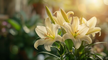 Obraz premium Beautiful white lilies in soft sunlight, creating a serene and tranquil atmosphere, perfect for floral arrangements and decor.