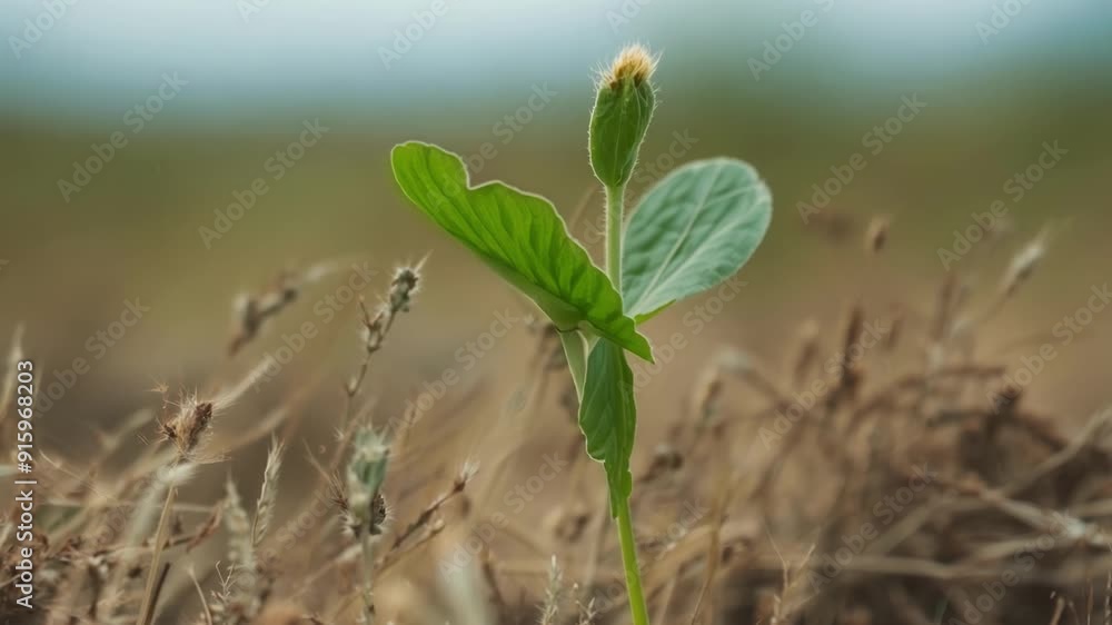 Poster Macro footage of a tiny bud growing out of a dry patch of grass symbolizing the resilience and determination of nature to recover from drought.