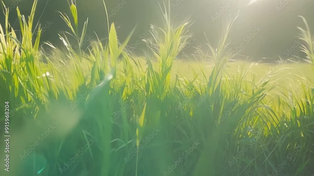 Poster closeup of a lush and healthy patch of grass with individual blades swaying gently in the wind a sta