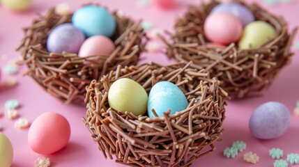 Obraz premium Colorful chocolate nests filled with pastel eggs, perfect for celebrating Easter or spring-themed events.