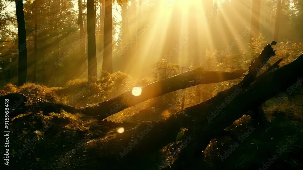 Poster the peaceful and serene atmosphere of the forest is enhanced by the gentle and warm sunbeams that tr