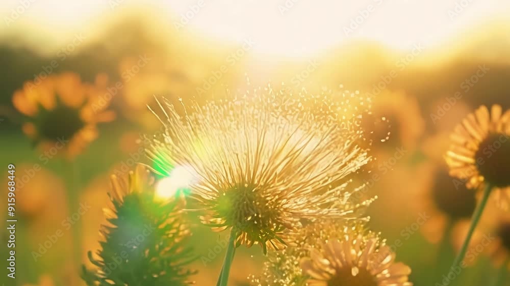 Poster in a sunlit meadow the camera focuses on a group of beecovered flowers as their movements disperse a