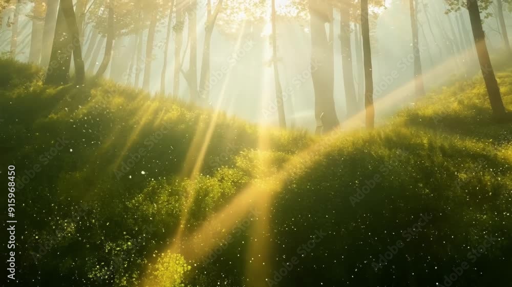 Aufkleber The camera captures a tranquil forest scene with rays of sunlight filtering through dense foliage and illuminating the floating specks of pollen caught in the air.