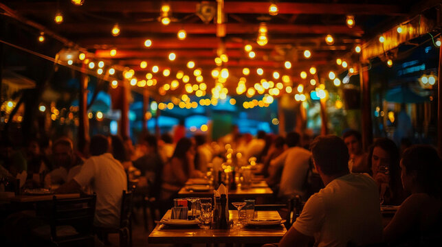 blurred image of customers in a restaurant, highlighting the lively atmosphere and social interactions, with a focus on the background ambiance and dining experience