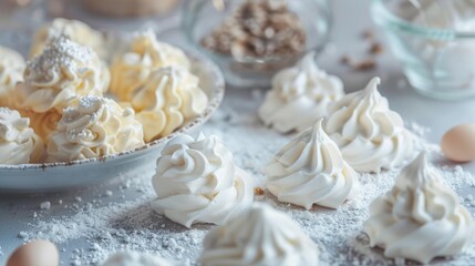 Delicious meringue cookies arranged elegantly on a table, showcasing their delicate texture and creamy white color.