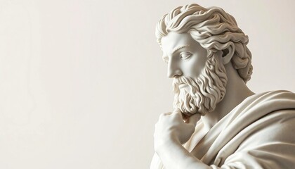 Fototapeta premium Statue of a Greek philosopher in contemplation, isolated white background, full body side view, copy space for text 