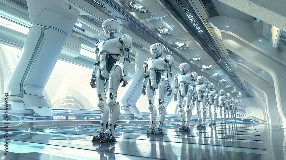 Poster A line of white robots stand in a futuristic hallway with a white tiled floor and a window behind them.