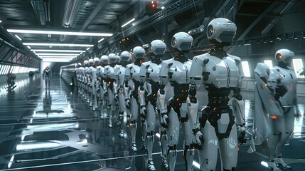 Obraz premium A line of humanoid robots stand in a futuristic corridor with sleek white walls and a reflective floor.