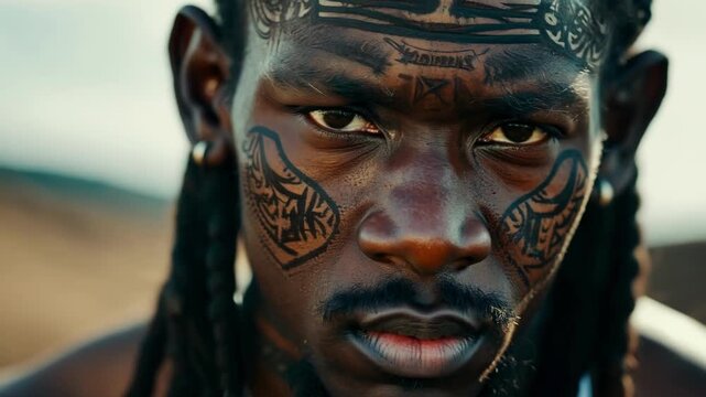 The closeup of a tribal warriors face showcasing prominent tribal scars and markings.