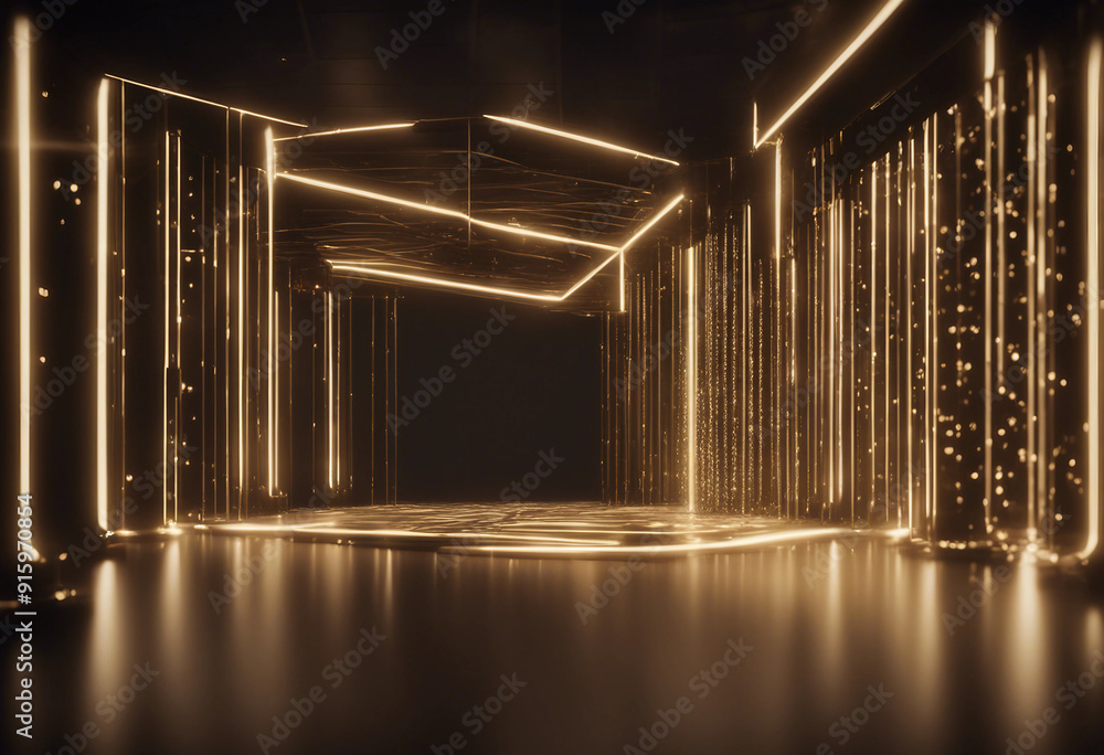 Poster 3d stage with bright golden light shining from a dark background ai generate