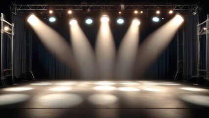 A stage with three spotlights shining on it