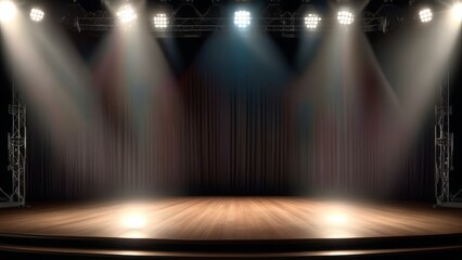 A stage with three spotlights shining on it