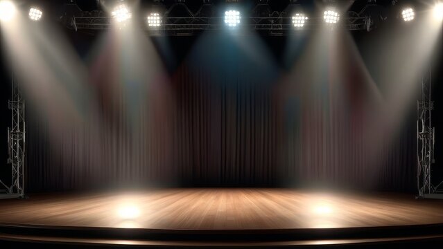 A stage with three spotlights shining on it