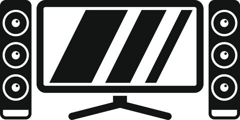 Home cinema system with big screen tv and speakers playing movie, icon in simple style